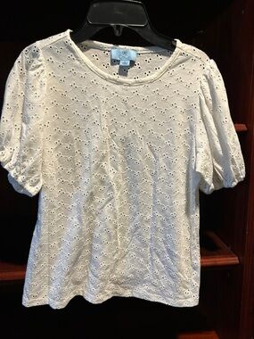 CeCe Brand Eyelet Puff Sleeve Top - White